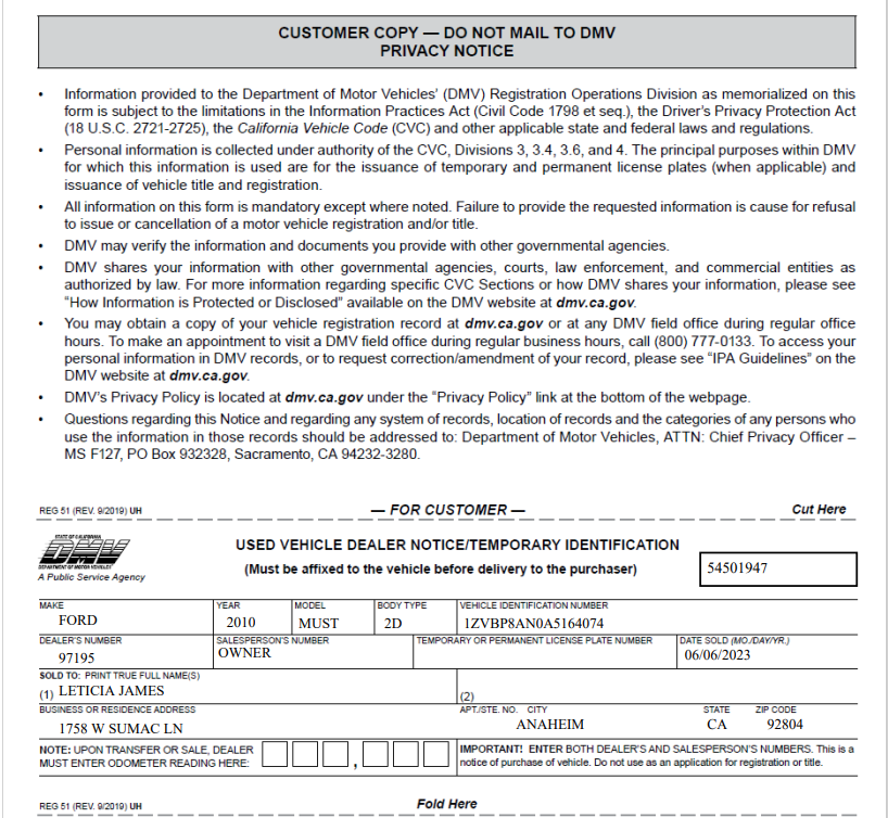 STATE OF CALIFORNIA 30-DAY TEMPORARY TAG WITH 30-DAY TEMPORARY REGISTRATION