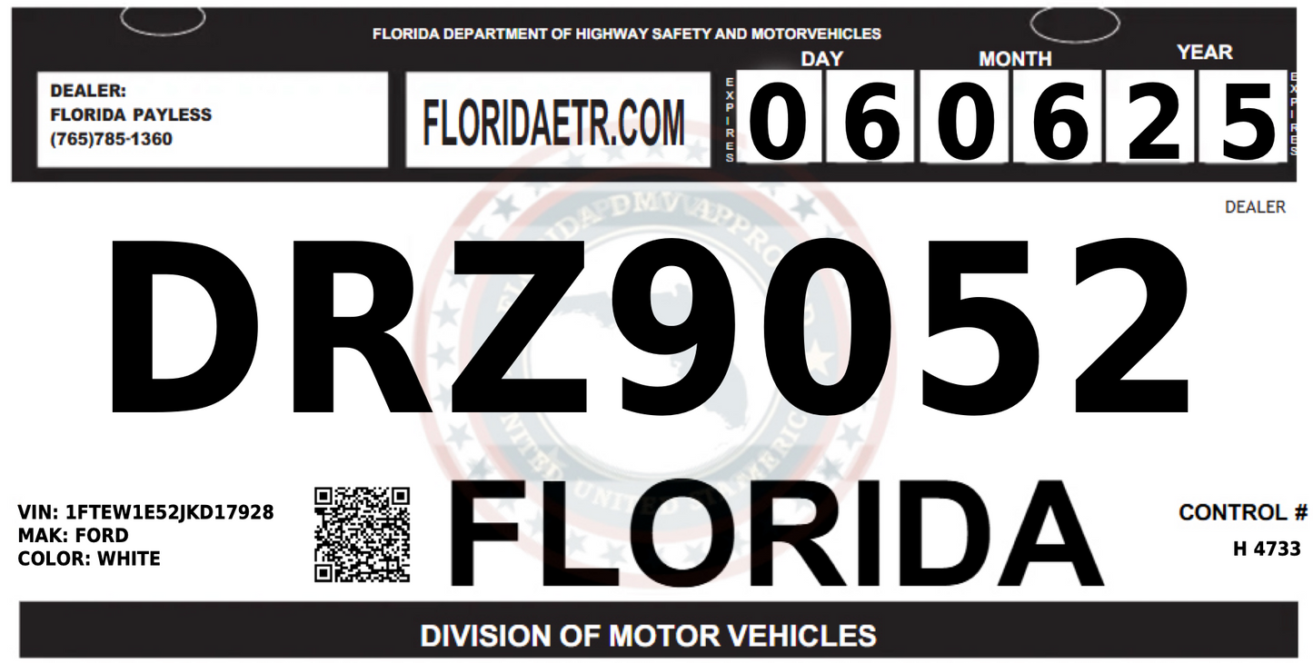 A sample image of a Florida state temporary license plate with the text 'DRZ9052' and 'DIVISION OF MOTOR VEHICLES' visible.