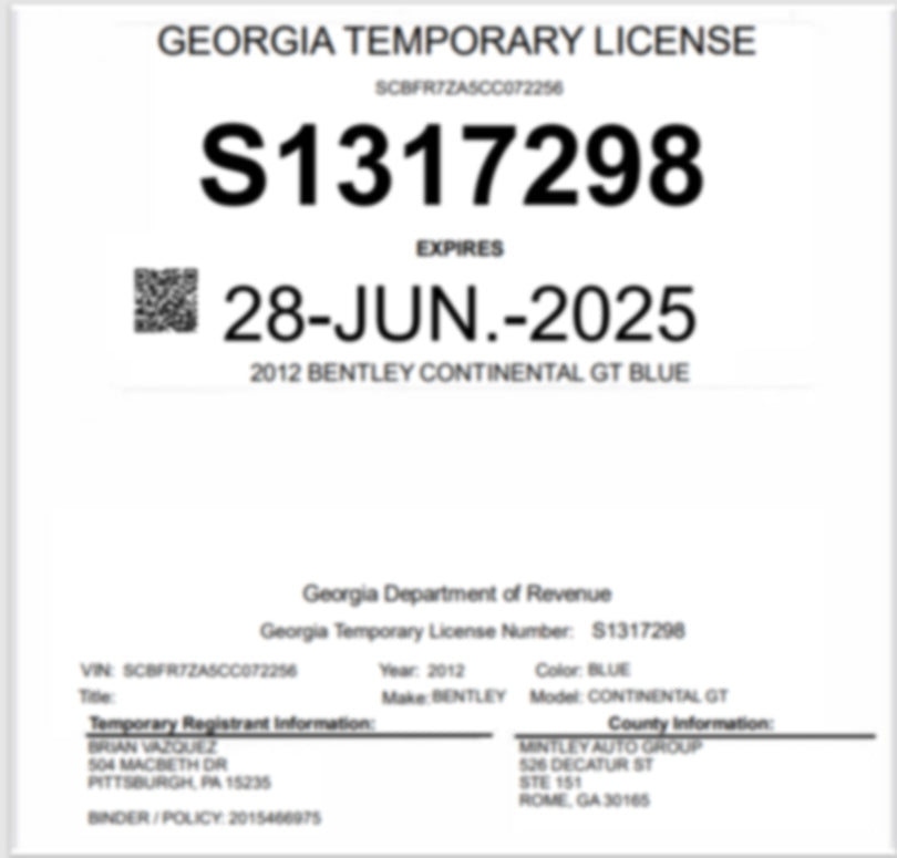 Georgia temporary license plate for a 2012 Bentley Continental GT in blue color
