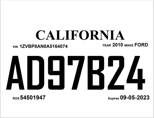 STATE OF CALIFORNIA 30-DAY TEMPORARY TAG WITH 30-DAY TEMPORARY REGISTRATION