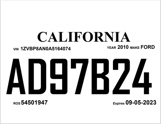 STATE OF CALIFORNIA 30-DAY TEMPORARY TAG WITH 30-DAY TEMPORARY REGISTR ...