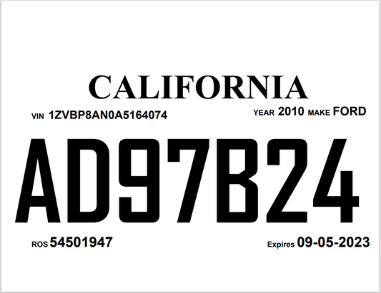 A sample image of a California 30-day temporary vehicle registration tag with black text on a white background, including a Vehicle Identification Number (VIN) and an expiration date.