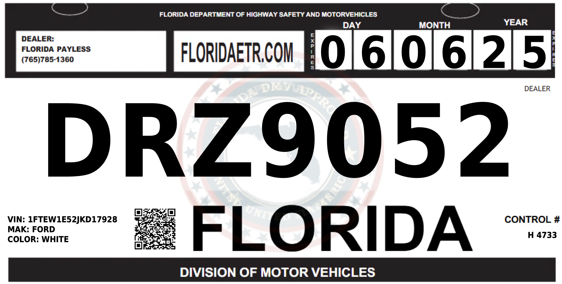 A sample image of a Florida state temporary license plate with the text 'DRZ9052' and 'DIVISION OF MOTOR VEHICLES' visible.