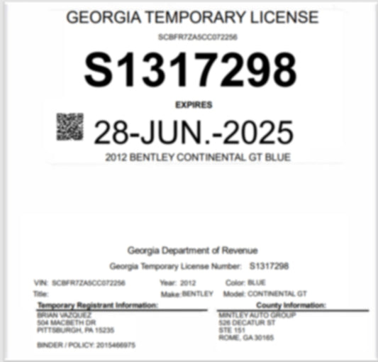 STATE OF GEORGIA 45-DAY TEMPORARY TAG WITH 45-DAY TEMPORARY REGISTRATION