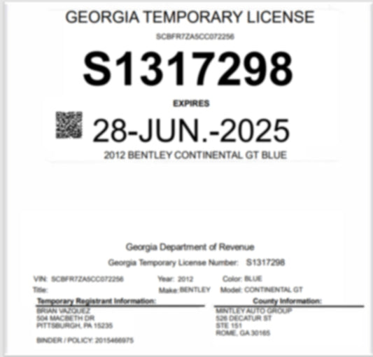 Georgia temporary license plate for a 2012 Bentley Continental GT in blue color