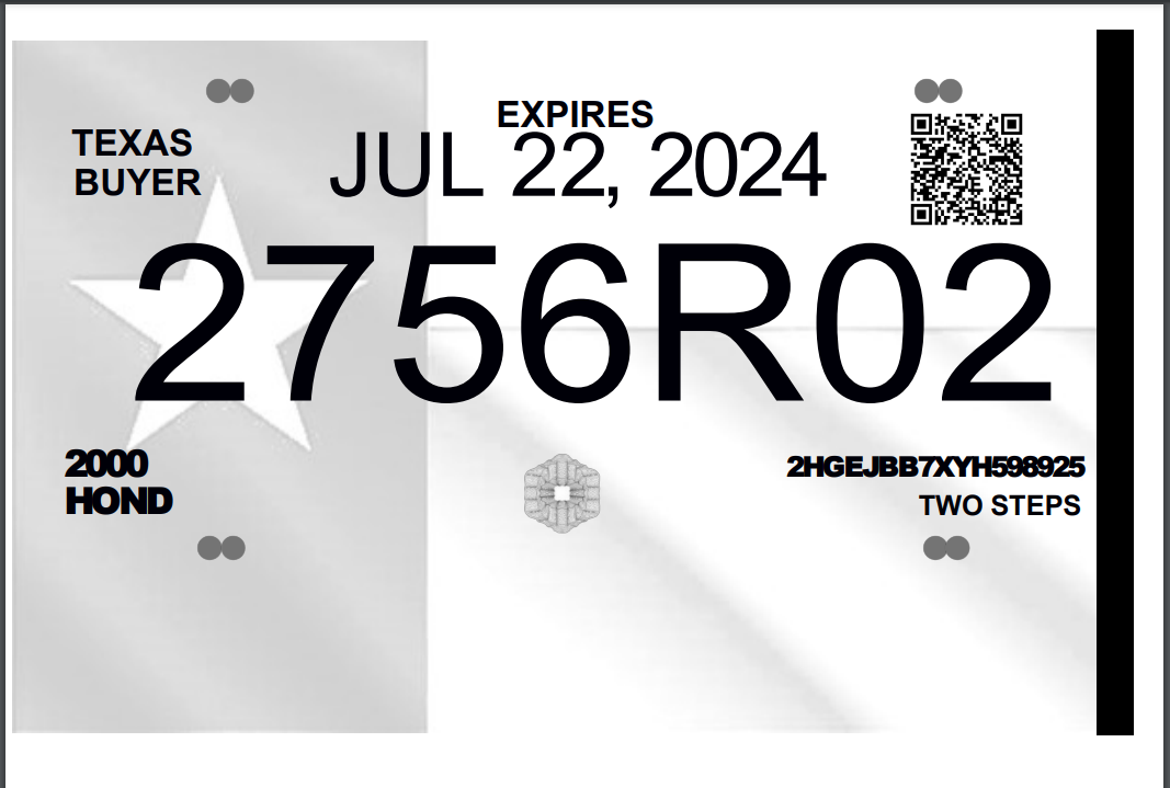 A sample image of a Texas temporary vehicle registration tag with a expiration date, a QR code, and vehicle make and model information.