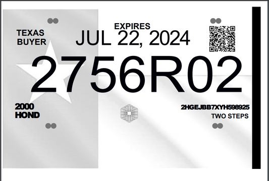 A sample image of a Texas temporary vehicle registration tag with a expiration date, a QR code, and vehicle make and model information.