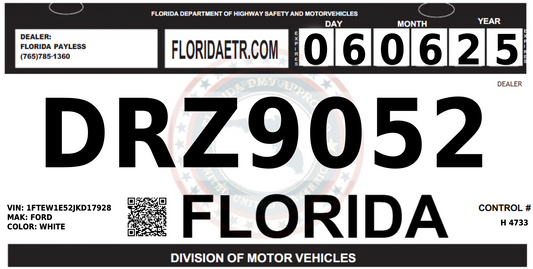 STATE OF FLORIDA 30-DAY TEMPORARY TAG WITH 30-DAY TEMPORARY REGISTRATION