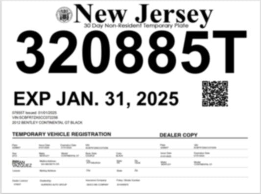 STATE OF NEW JERSEY 30-DAY TEMPORARY TAG WITH 30-DAY TEMPORARY REGISTRATION