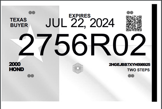 STATE OF TEXAS 30-DAY TEMPORARY TAG WITH 30-DAY TEMPORARY REGISTRATION